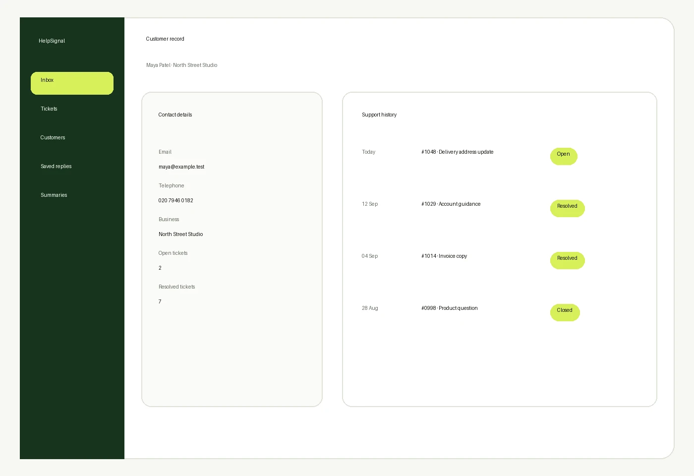HelpSignal customer record illustrative software preview with fictional demonstration data