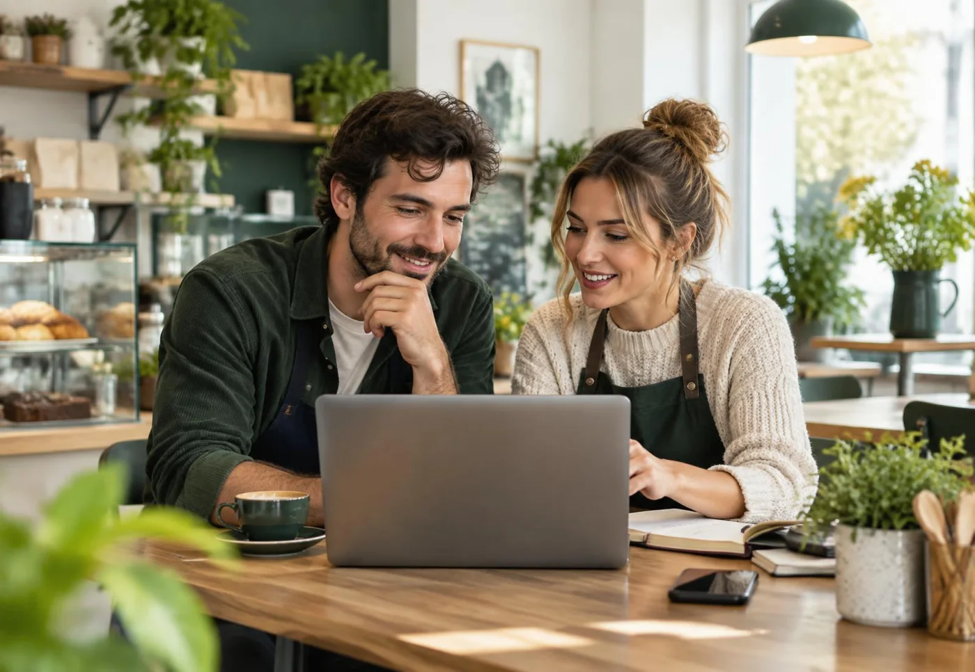 Two small business owners managing customer enquiries